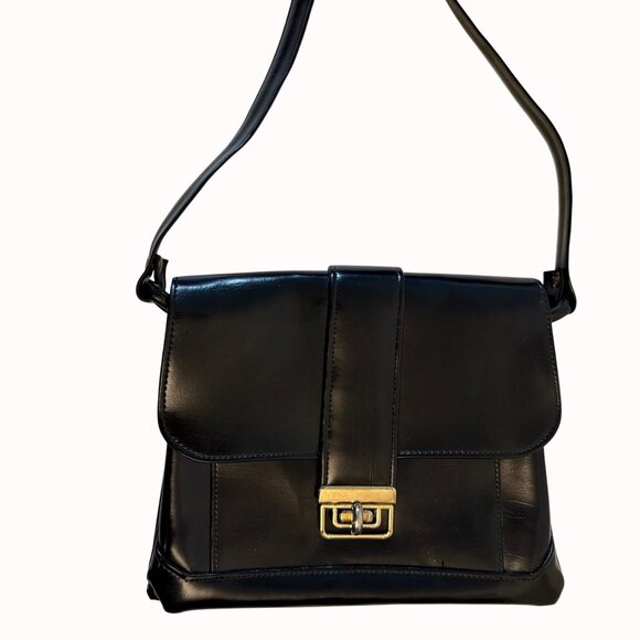 Sleek Black Leather Shoulder Bag VTG 60s Purse Twist Lock Compartments Satchel - Picture 2 of 16